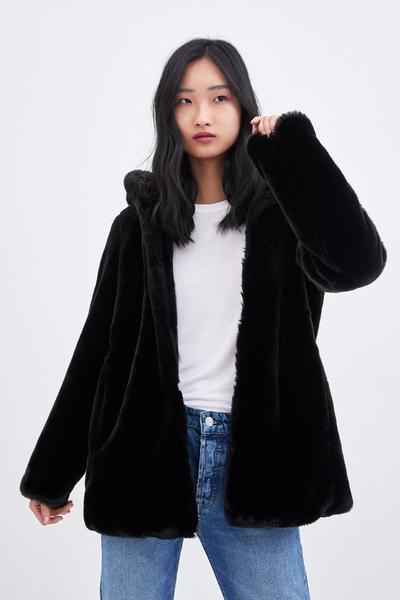 Zara HOODED FAUX FUR COAT