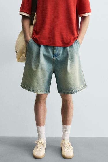 Zara PLEATED BAGGY FIT DENIM SHORTS - Blue