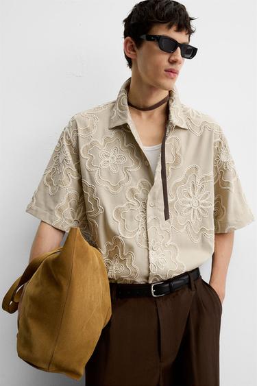 TEXTURED EMBROIDERY SHIRT - Sand by Zara