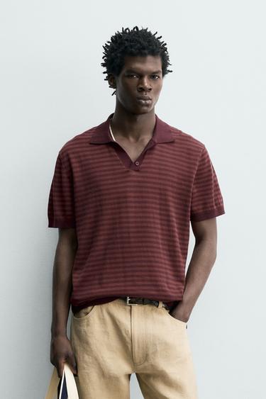 STRIPED JACQUARD KNIT POLO SHIRT - Burgundy by Zara