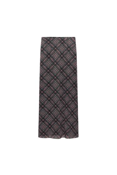 Front view of a long, dark-coloured check skirt with a tartan pattern.
