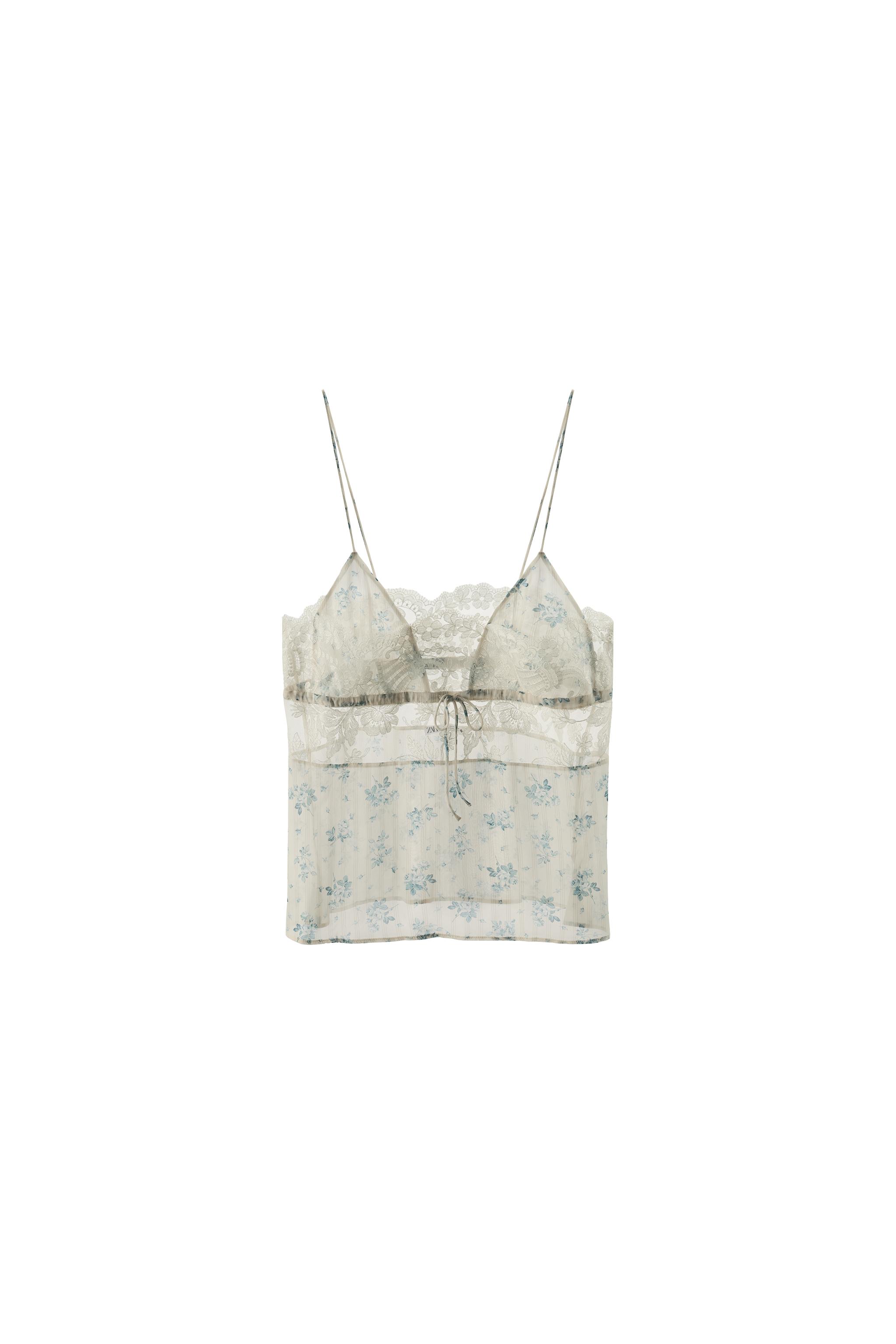 FLORAL LACE PRINT TOP - Ecru / Blue | ZARA United States
