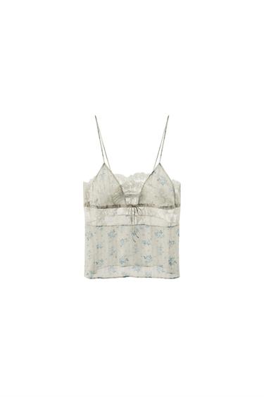 TOP ESTAMPADO FLORES ENCAJE - Crudo / Azul de Zara