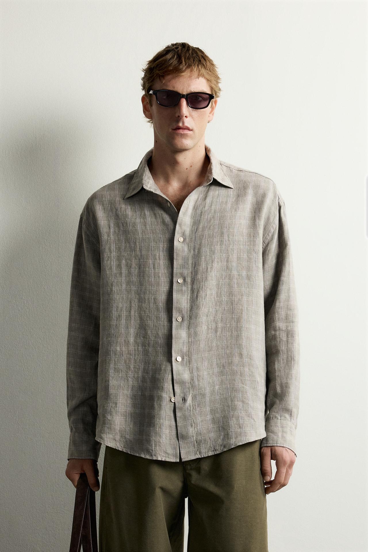 100% LINEN CHECKED SHIRT — Gray green