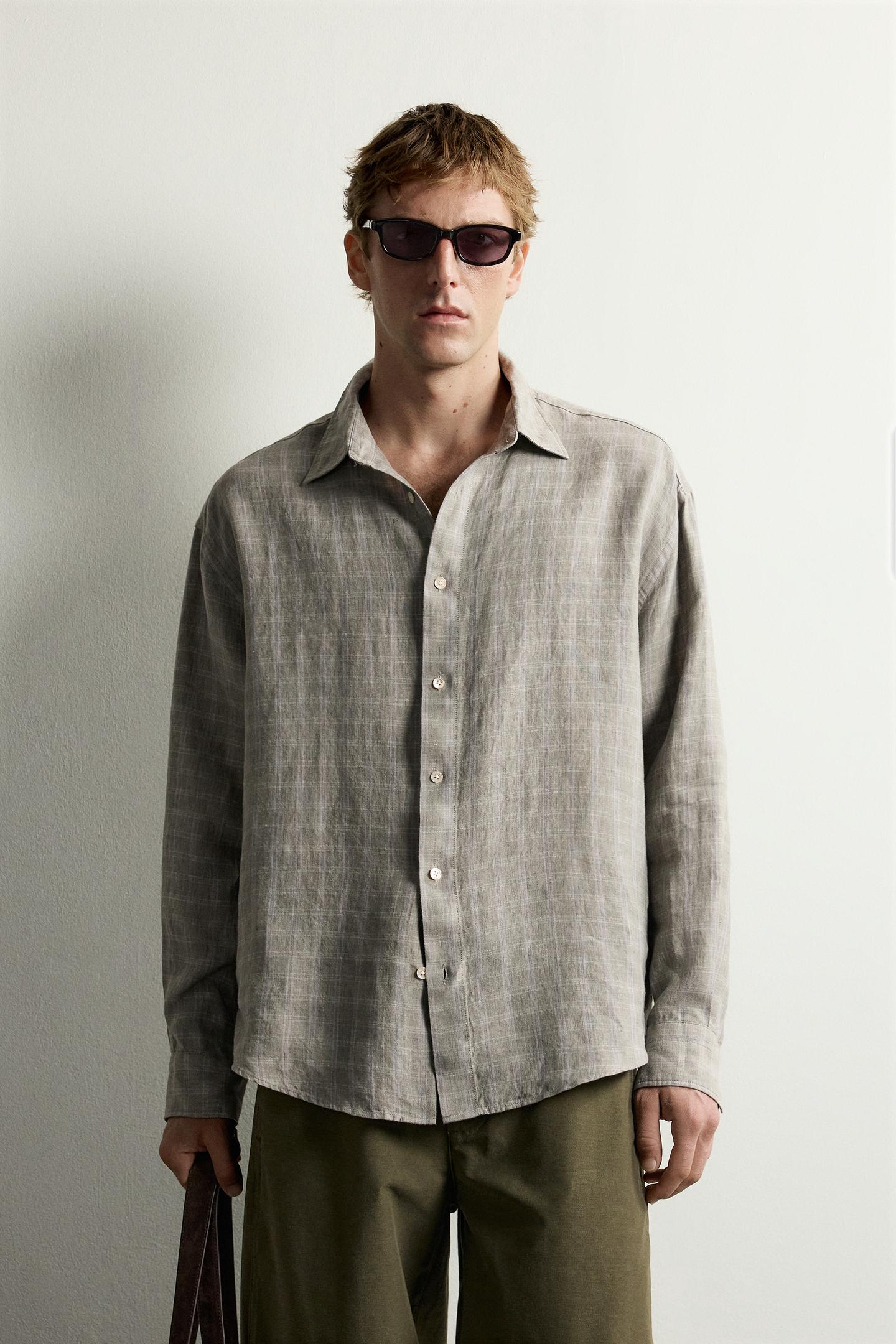 Мужская рубашка Zara 100% Linen Checked, цвет: Серый зелёный — фото 2