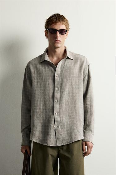 100% LINEN CHECKED SHIRT — Gray green 2