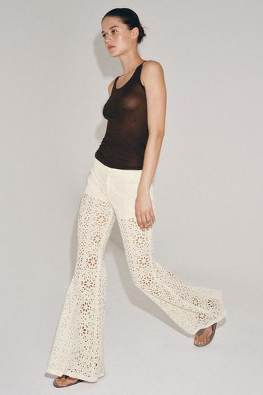 Zara EMBROIDERED FLARE PANTS ZW COLLECTION - Ecru