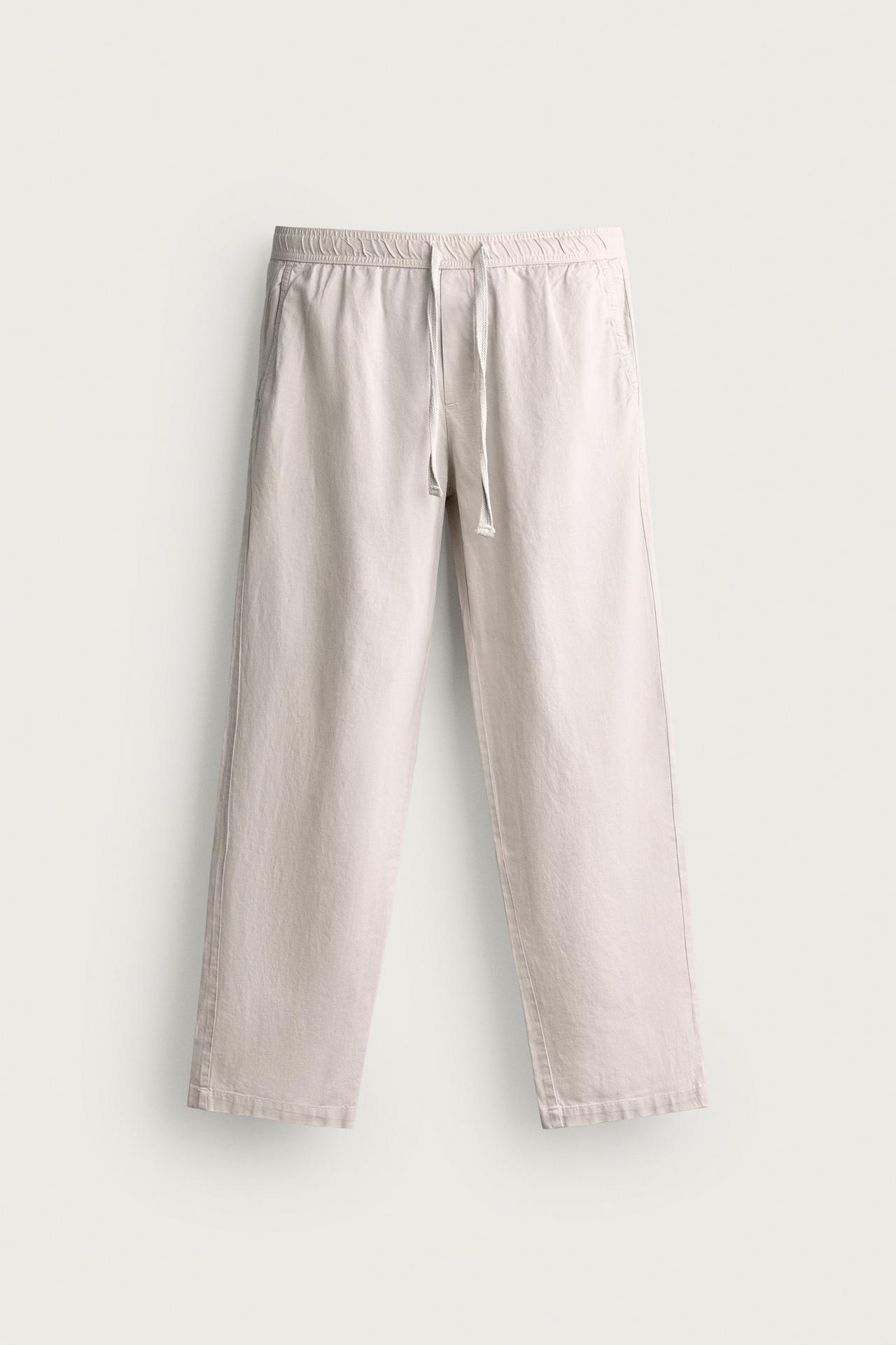 COTTON-LINEN RELAXED FIT PANTS — Pearl gray