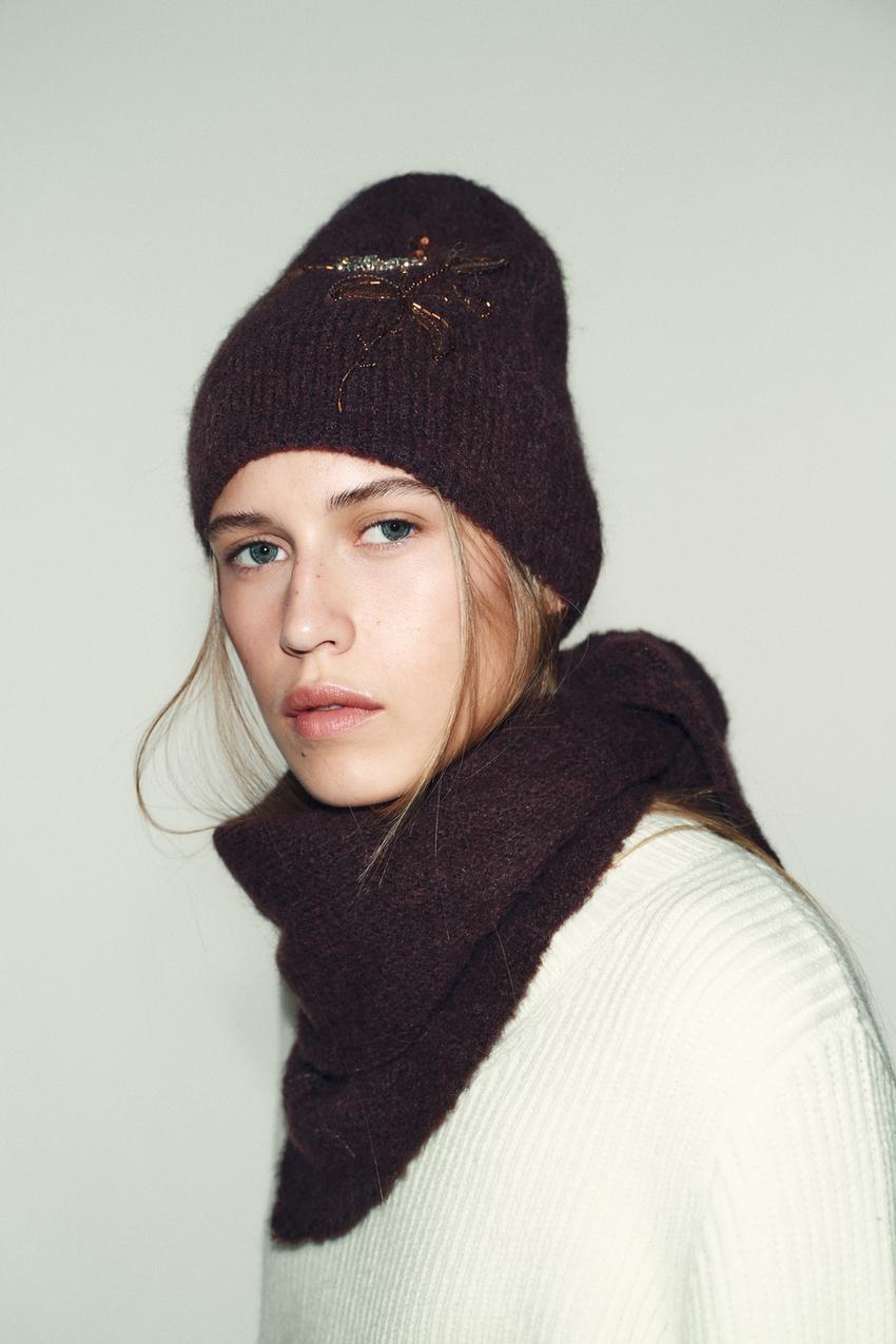 ZARA BEADED FLOWER KNIT BEANIE