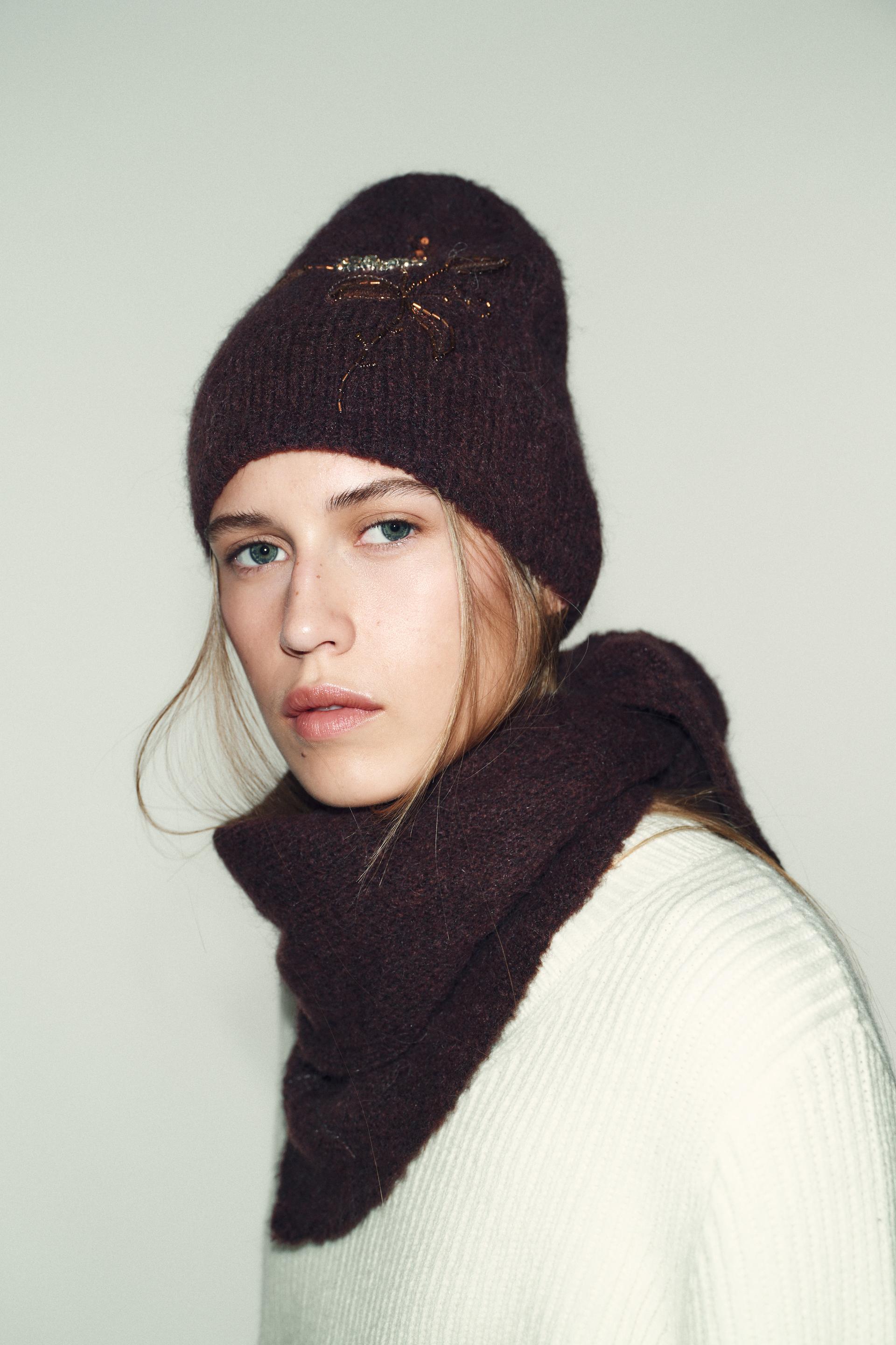 Knit Beanie With Floral Beading