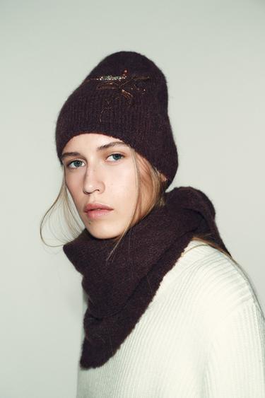 KNIT BEANIE WITH FLORAL BEADING - Brown by Zara - Image 0