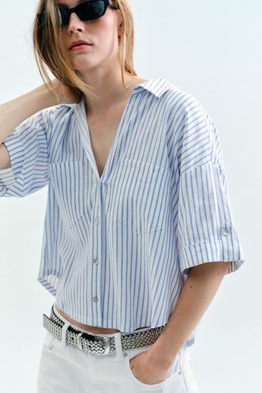 Zara LINEN BLEND CROPPED SHIRT - White / Sky blue