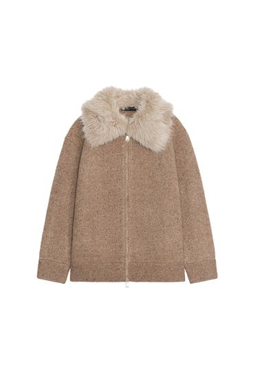 100% WOOL FAUX FUR LAPEL JACKET