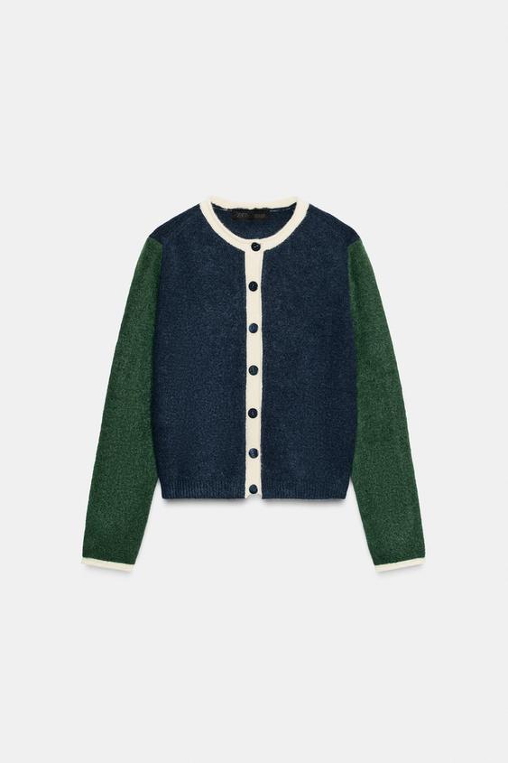 Zara Color Block Knit Cardigan Blue / Green Ref 5536/195/050