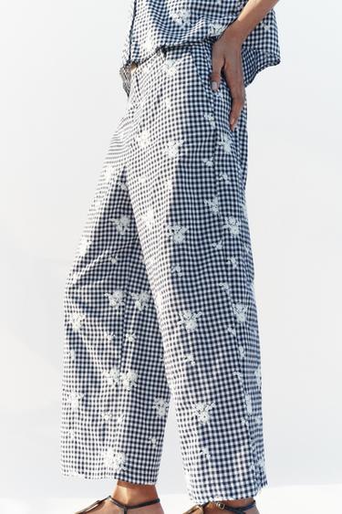 EMBROIDERED CHECK CULOTTES - Navy / White by Zara - Image 3