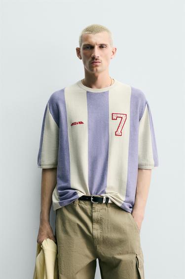 STRIPED EMBROIDERED PATCH KNIT T-SHIRT - Lilac by Zara