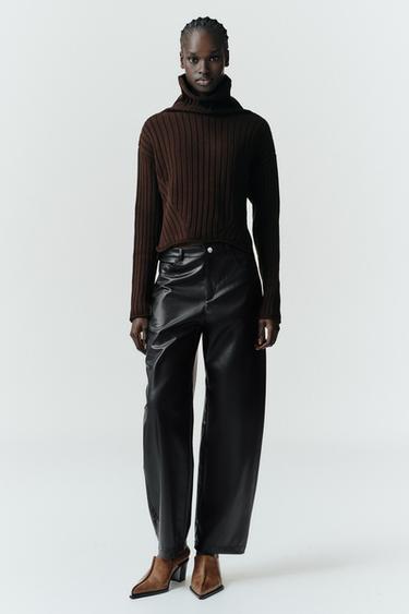 Zara FAUX LEATHER BALLOON PANTS - Black