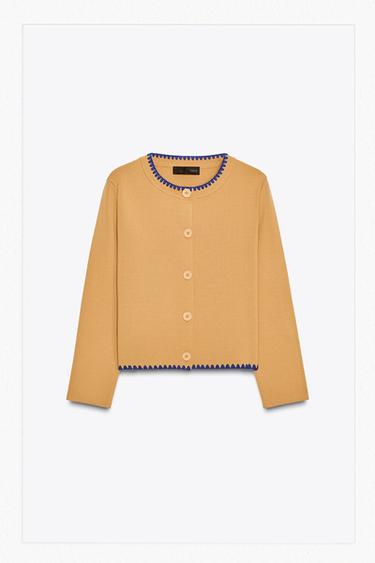 Zara CONTRAST EMBROIDERY KNIT CARDIGAN - Mid-camel