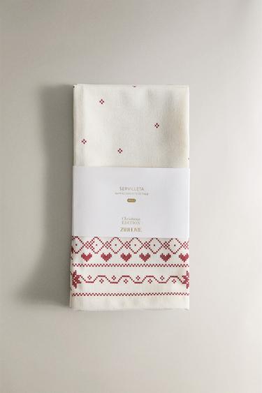 PACK OF EMBROIDERED CHRISTMAS COTTON NAPKINS (PACK OF 2) - Red / White by Zara - Image 4