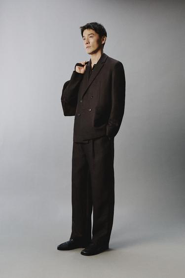 DOUBLE-BREASTED 100% LINEN SUIT BLAZER - Brown by Zara - Image 3