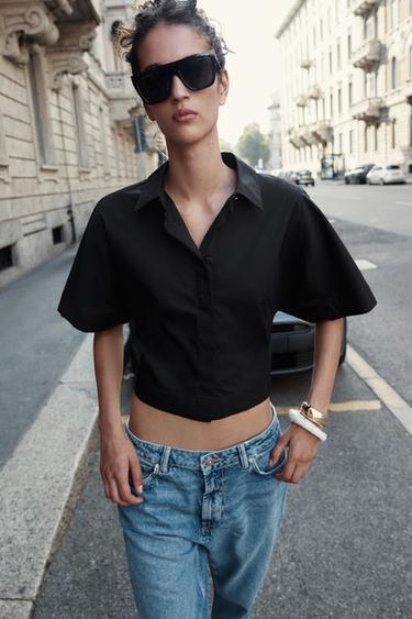 CAMISA POPELÍN MANGA ANCHA - Negro de Zara