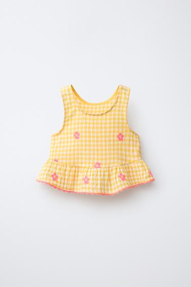 GINGHAM TOP WITH EMBROIDERED FLOWERS - Yellow by Zara - Image 1