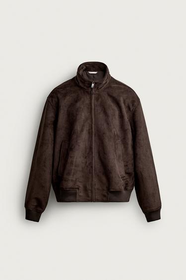 Zara FAUX SUEDE BOMBER JACKET - Dark brown