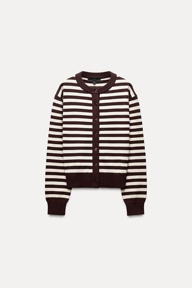STRIPED KNIT CROPPED CARDIGAN - Brown / Ecru by Zara