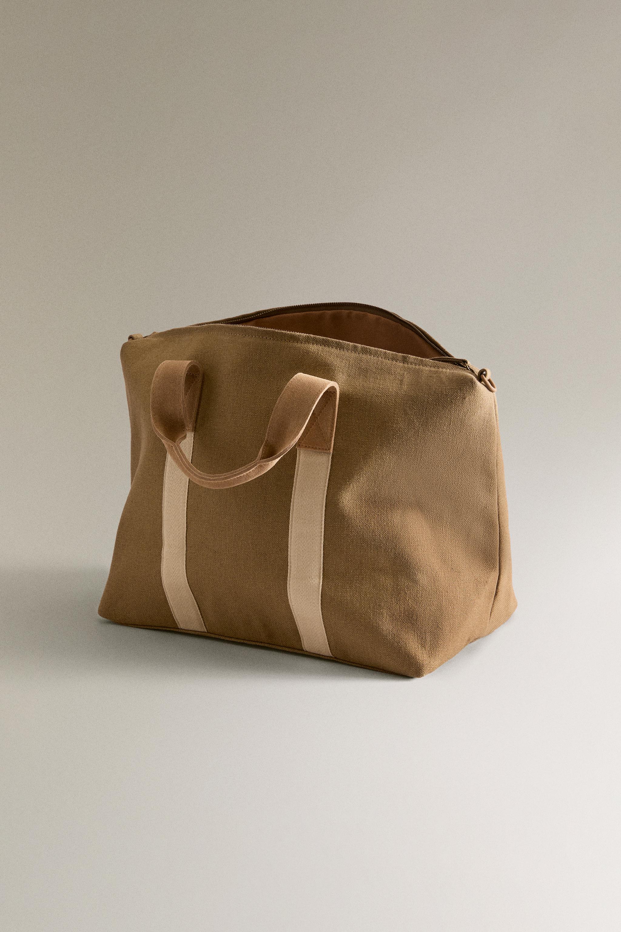 FABRIC WEEKENDER BAG WITH LEATHER DETAIL - Khaki Green FABRIC WEEKENDER BAG WITH LEATHER DETAIL - Khaki Green