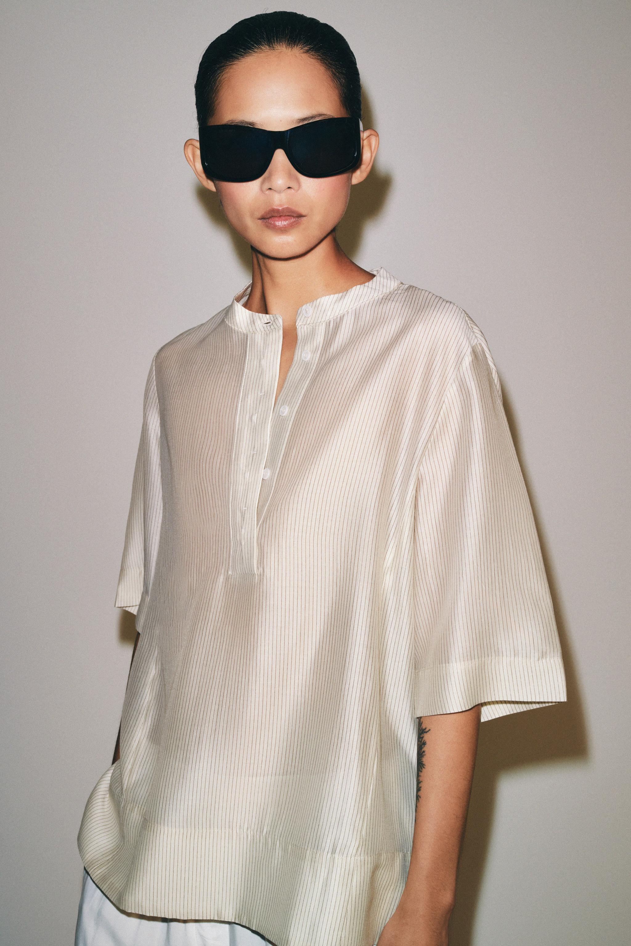 SHORT SLEEVE FLOWY BLOUSE ZW COLLECTION — Ecru / Black (alternate view)