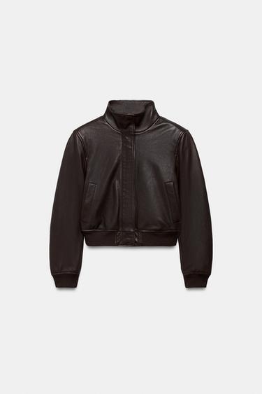 Zara ZW COLLECTION LIMITED EDITION LEATHER BOMBER JACKET WITH SHOULDER PADS - Dark brown