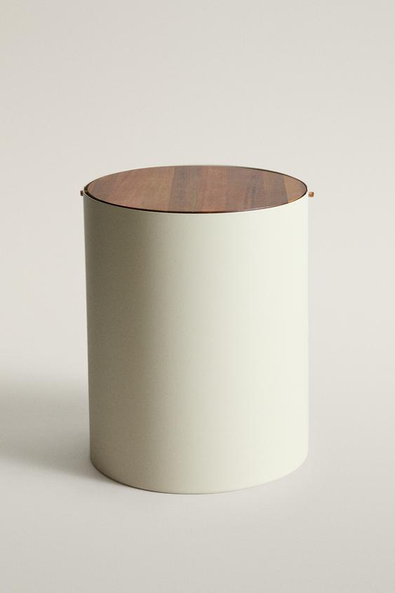 METAL BATHROOM BIN WITH WOODEN LID - Cream by Zara - Image 0
