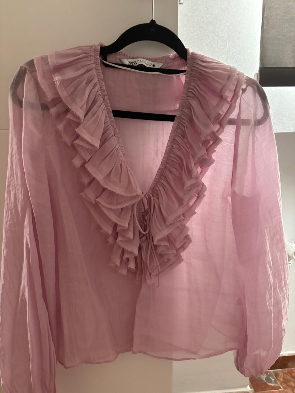 Semi-sheer pink blouse with ruffles and a tie at the V-neck, hanging on a black hanger. ZARA label.