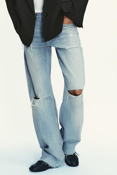 Zara TRF MID-RISE RIPPED BOYFRIEND JEANS - Blue