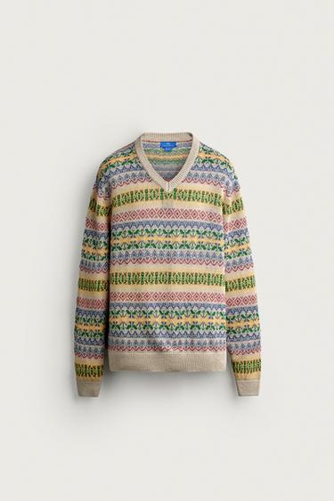 Zara AARON LEVINE X ZARA 100% LINEN GEOMETRIC JACQUARD JUMPER - taupe brown