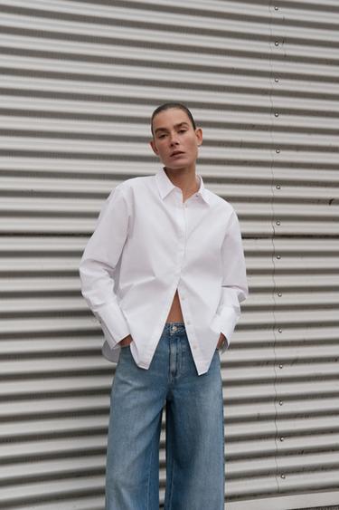 Zara BEADED PLACKET POPLIN SHIRT - White