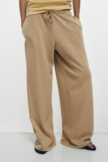 Zara STRAIGHT LEG COTTON PANTS - Light camel