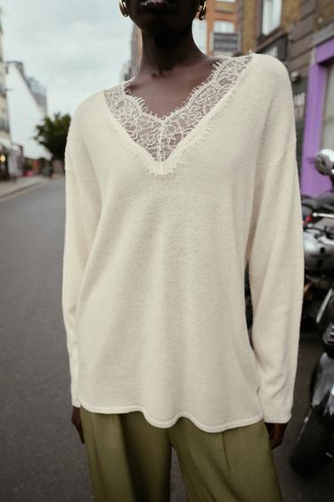WOOL BLEND LACE KNIT SWEATER - Ecru by Zara - Image 0