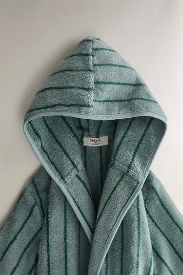 LARGE VELOUR BATHROBE WITH STRIPES - Blue by Zara - Image 1