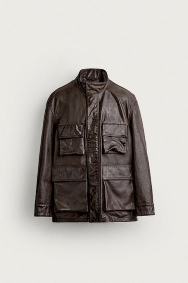 CAZADORA PIEL BOLSILLOS UTILITY - Marrón de Zara