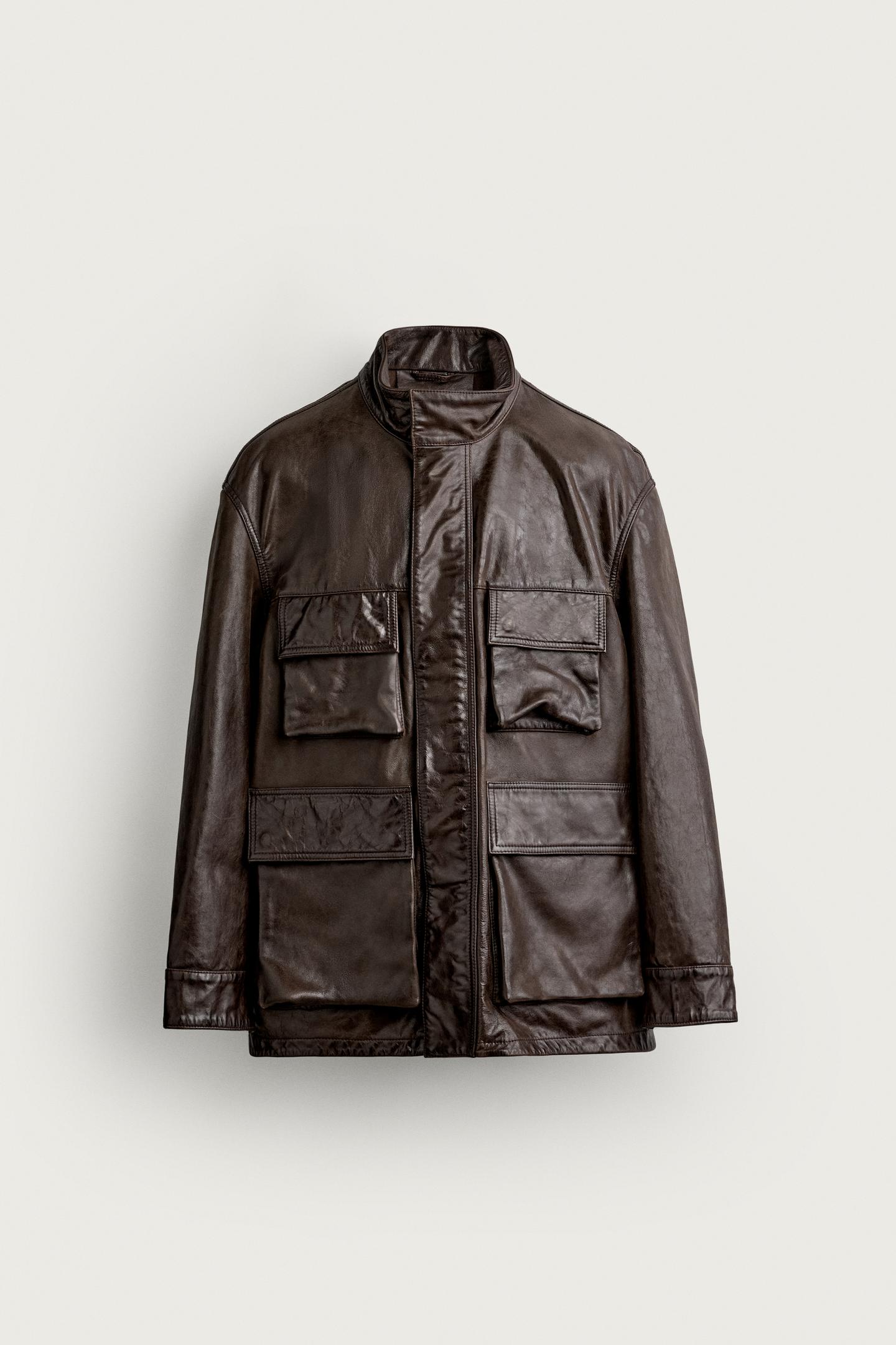 Мужская куртка Zara Leather Utility Pocket, цвет: Коричневый — фото 7