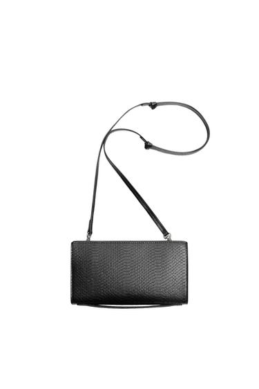 Front view of black wallet with reptile texture and adjustable strap.