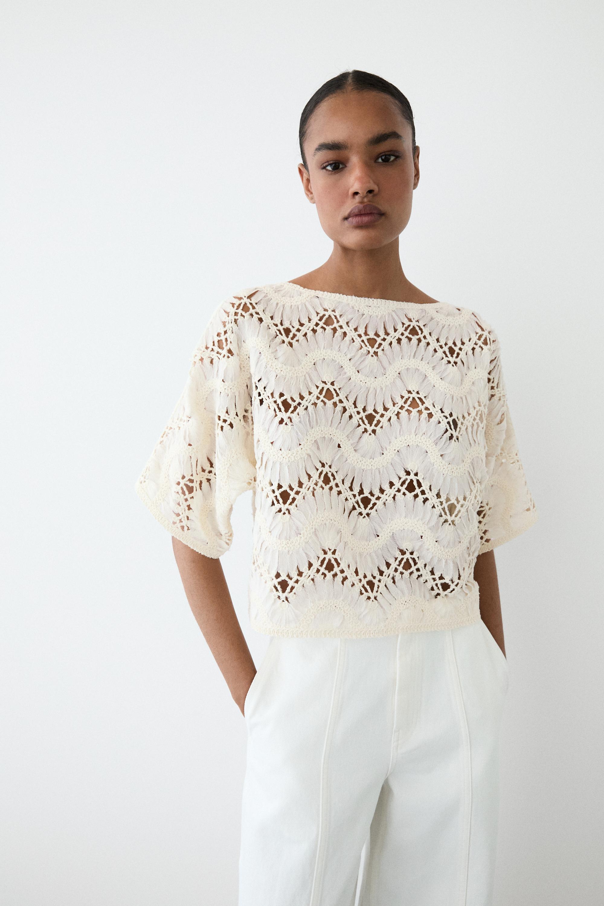 Short sleeve crochet top — Ecru
