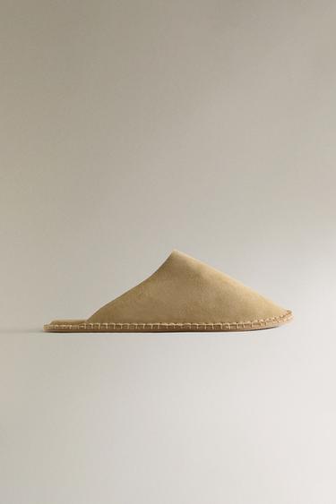 TOPSTITCHED LEATHER SLIPPERS - Light beige by Zara - Image 0