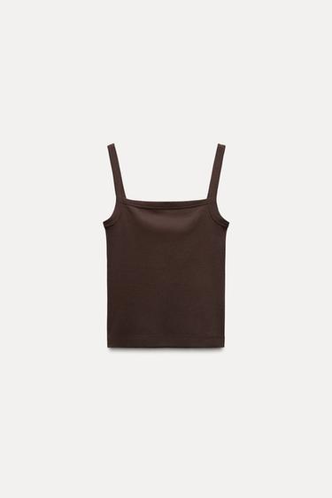 SQUARE NECKLINE T-SHIRT - Brown by Zara - Image 0