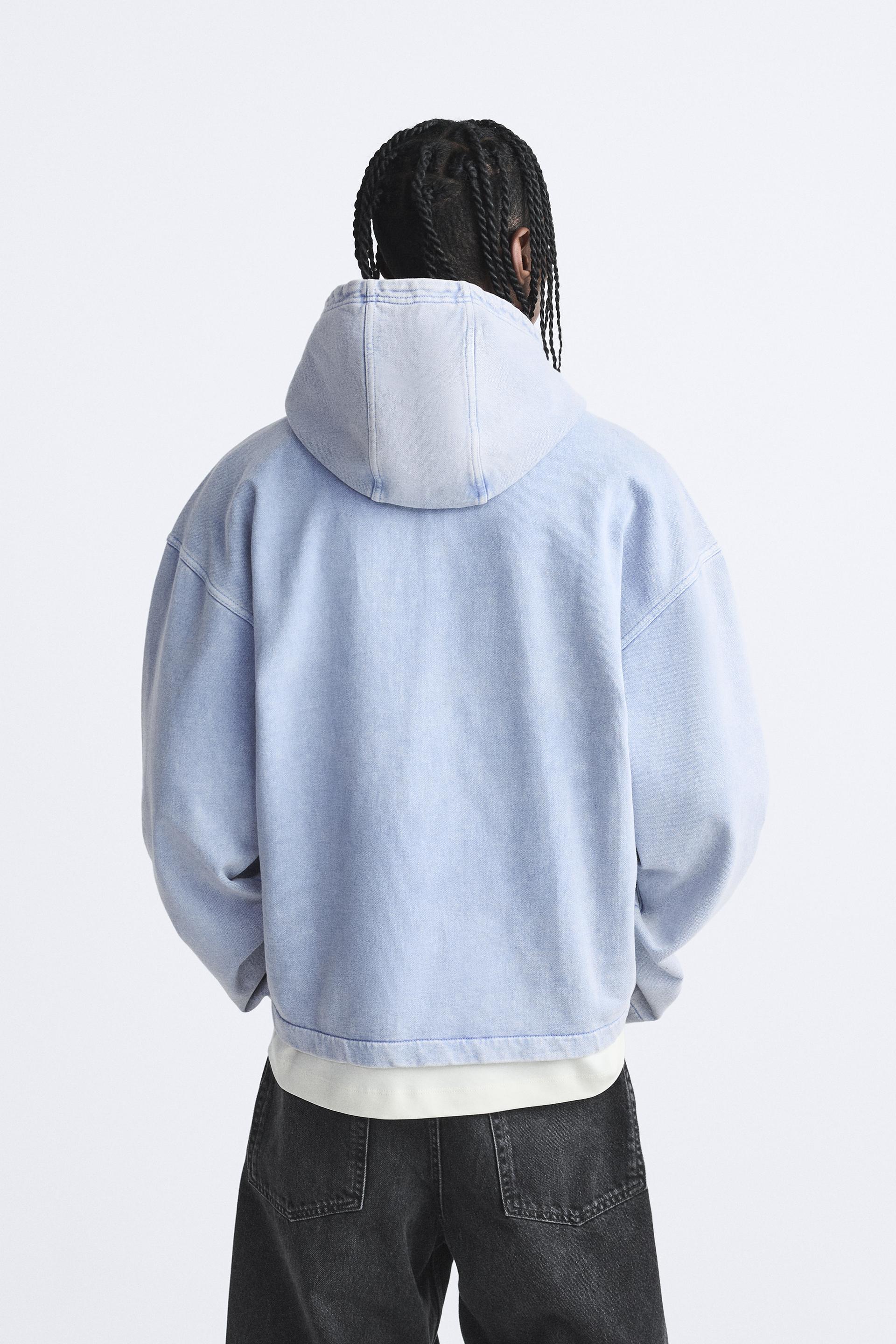 Zara, boxy cut hoodie jacket. In periwinkle blue satin, lined with