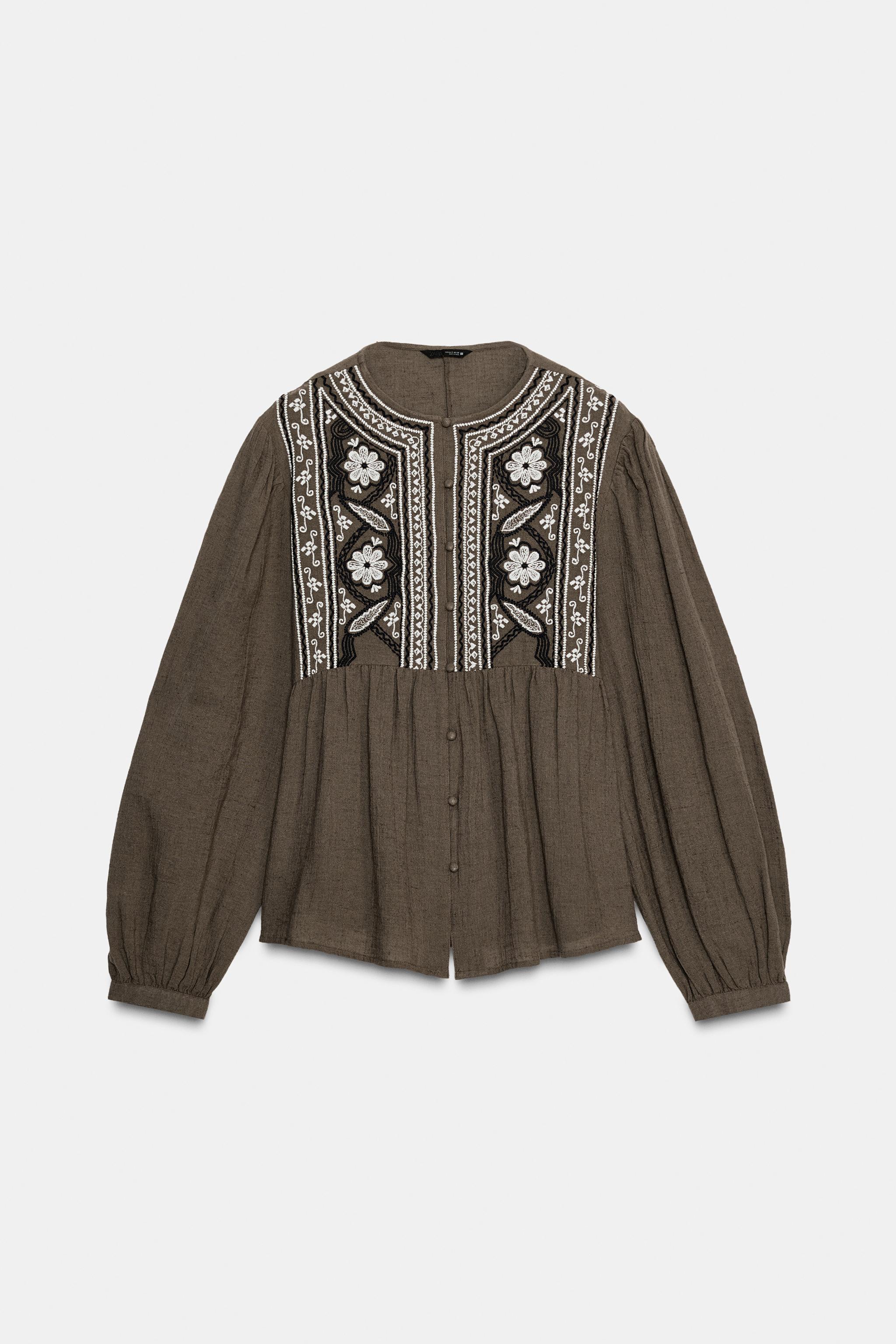 トップス bi-bi EMBROIDERED BIB BLOUSE - Dark khaki | ZARA South Africa
