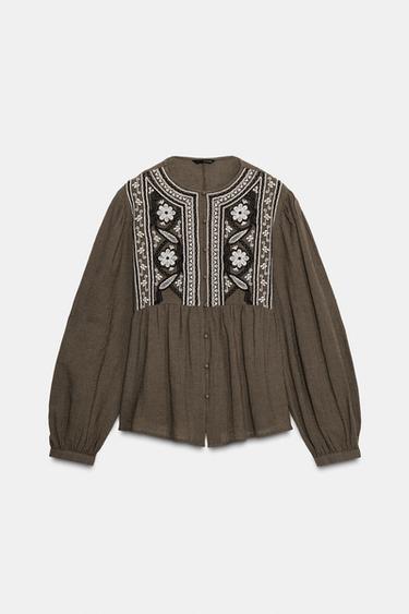 BLOUSE DEVANT BRODÉ - Kaki foncé de Zara - Image 5