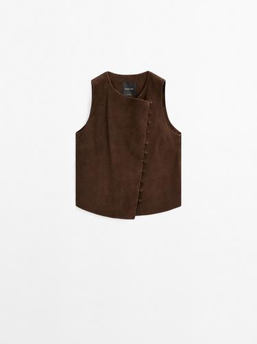 Zara Short suede leather waistcoat with buttons - Brown - Image 0