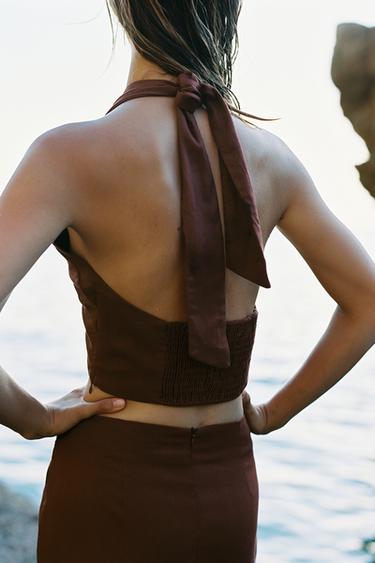 SHELL DETAIL LINEN BLEND HALTER TOP - Terracotta by Zara